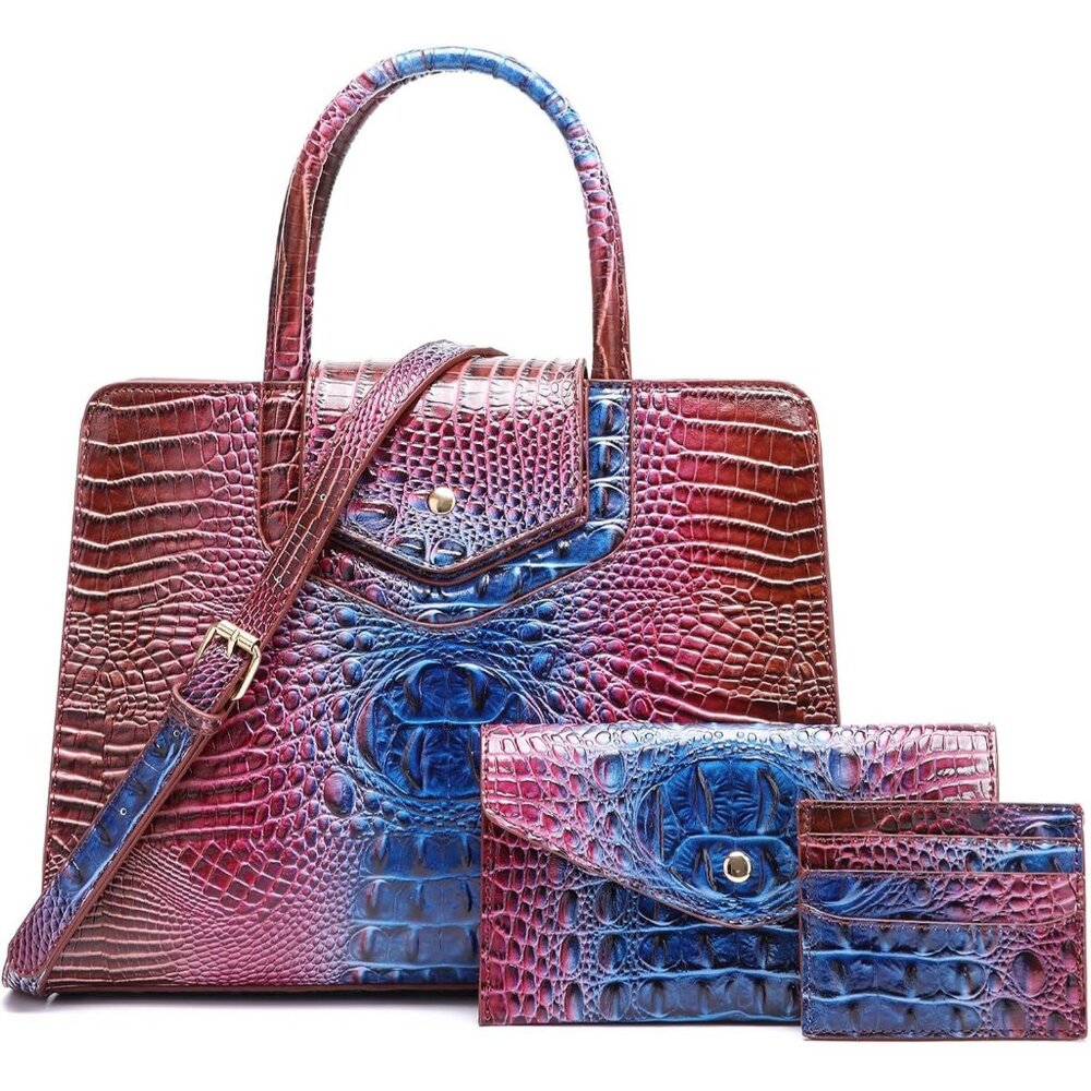 Women's Blue Vegan Leather 3 Pcs Set Top Handle Embossed Pattern Satchel Bag